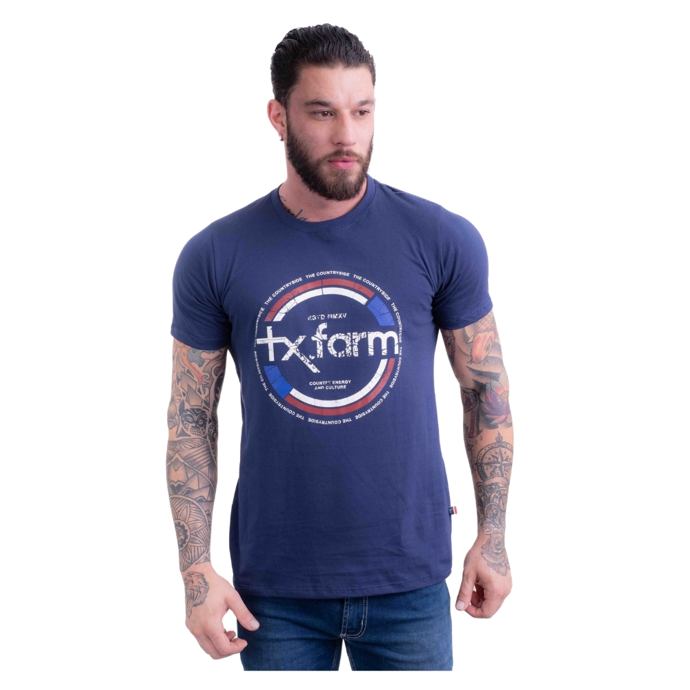 Camiseta Masculina Texas Farm Manga Curta Azul Marinho Com Logo Branco Grande REF: CM581