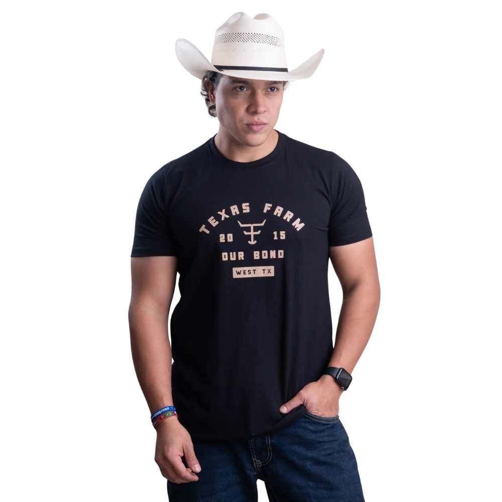Camiseta Masculina Texas Farm Manga Curta Affinity Preto Estampado Logo Bege Ref:CM656