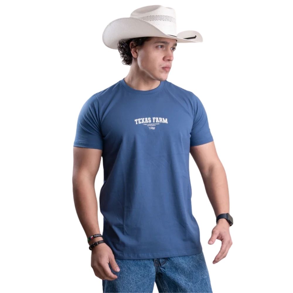Camiseta Masculina Texas Farm Manga Curta Azul Intense Com Logo Estampado Ref:CM633