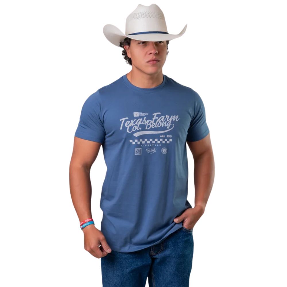 Camiseta Masculina Texas Farm Manga Curta Azul Intense Logo Cinza REF:CM692