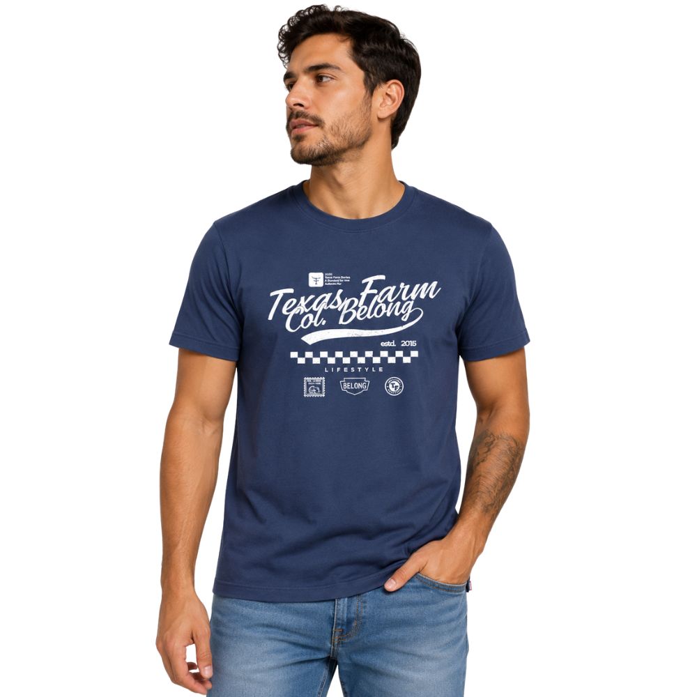 Camiseta Masculina Texas Farm Manga Curta Azul Marinho Logo Branco - REF:CM692