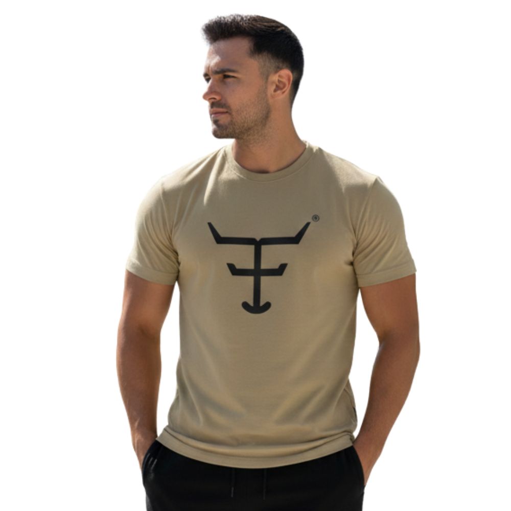 Camiseta Masculina Texas Farm Manga Curta Bege Areia Com Logo Em Marrom Café Ref:CM589
