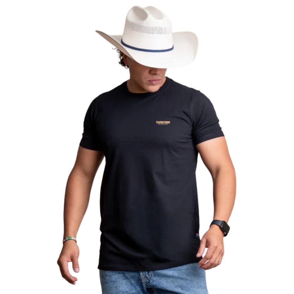 Camiseta Masculina Texas Farm Manga Curta Preta Com Escrita Da Marca Caramelo Ref:CM677