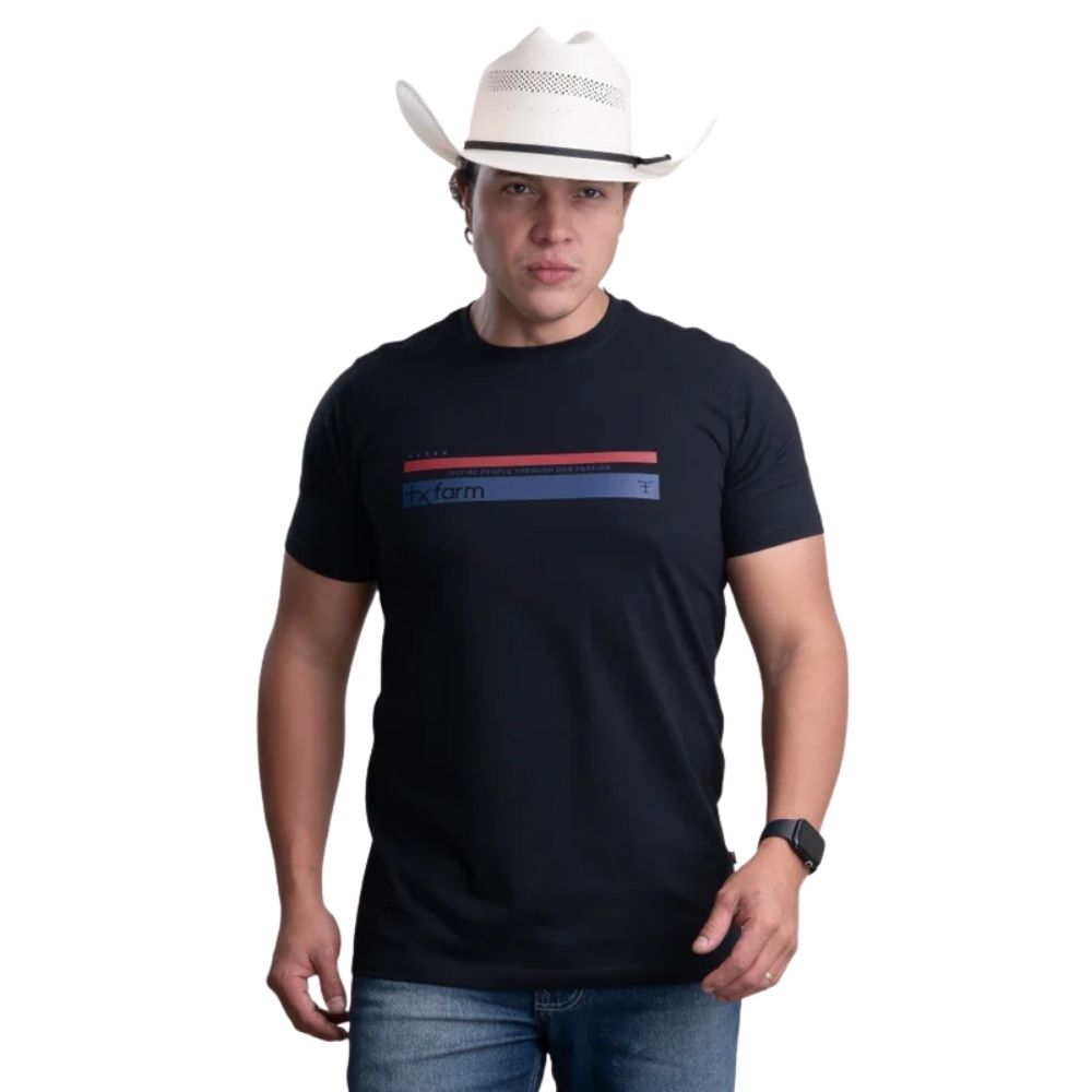 Camiseta Masculina Texas Farm Manga Curta Preta Com Estampa Em Azul E Vermelho Ref:CM674