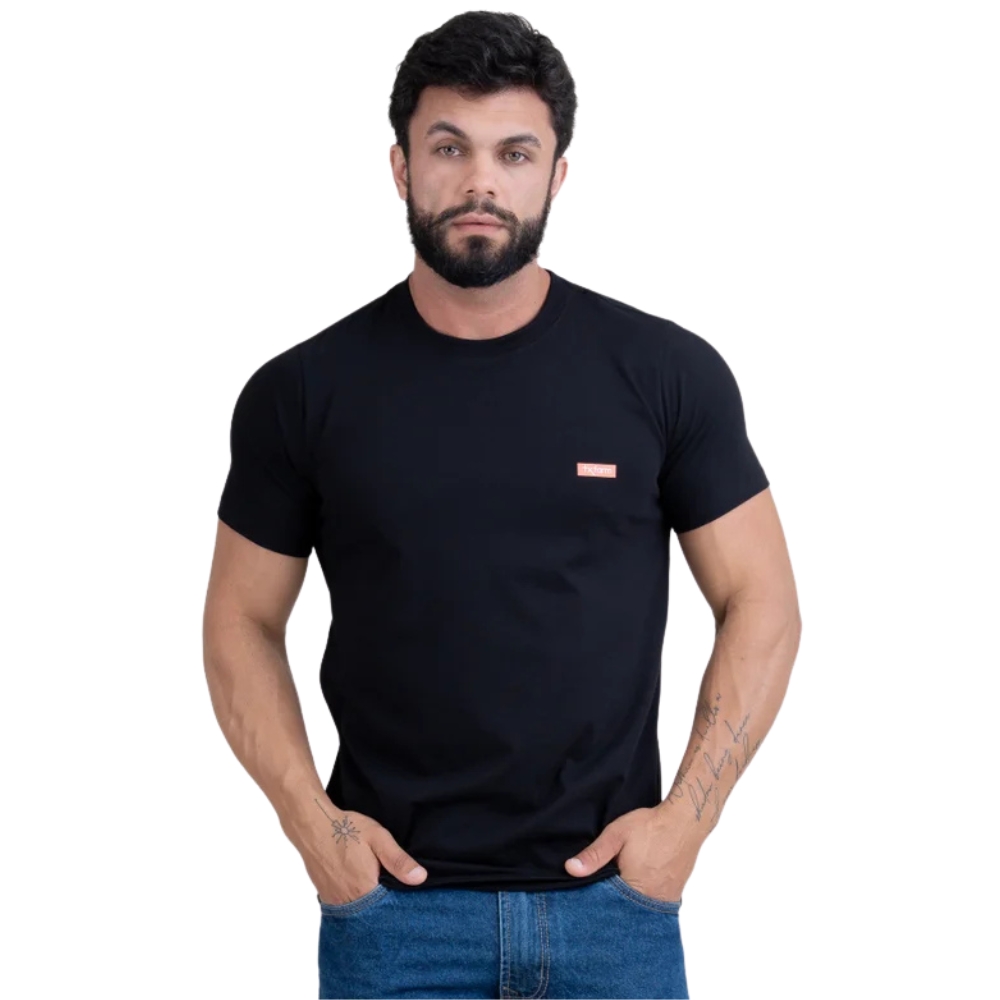 Camiseta Masculina Texas Farm Manga Curta Preta Logo Pequeno Caramelo Ref:CM639