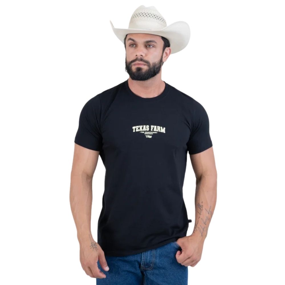 Camiseta Masculina Texas Farm Manga Curta Preto Com Logo Branco Ref:CM633