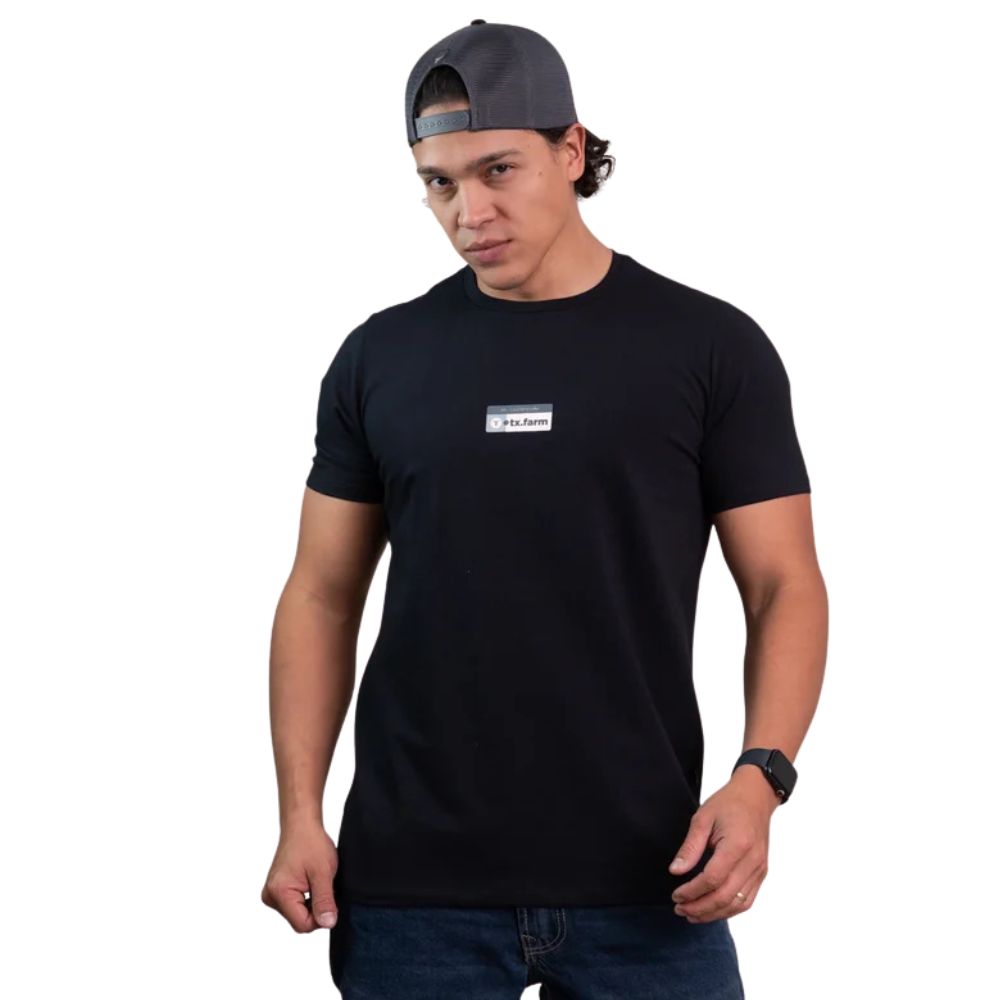 Camiseta Masculina Texas Farm Manga Curta Preto Com Logo Cinza Chumbo Ref:CME012