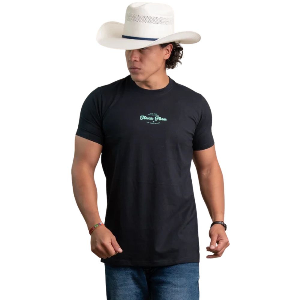 Camiseta Masculina Texas Farm Manga Curta Preto Logo Verde Menta - REF:CM685