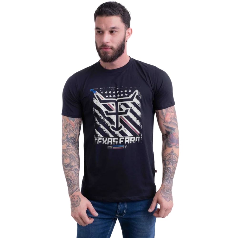 Camiseta Masculina Texas Farm Manga Curta Preto Estampada Logo Bandeira Bege Ref:CM570