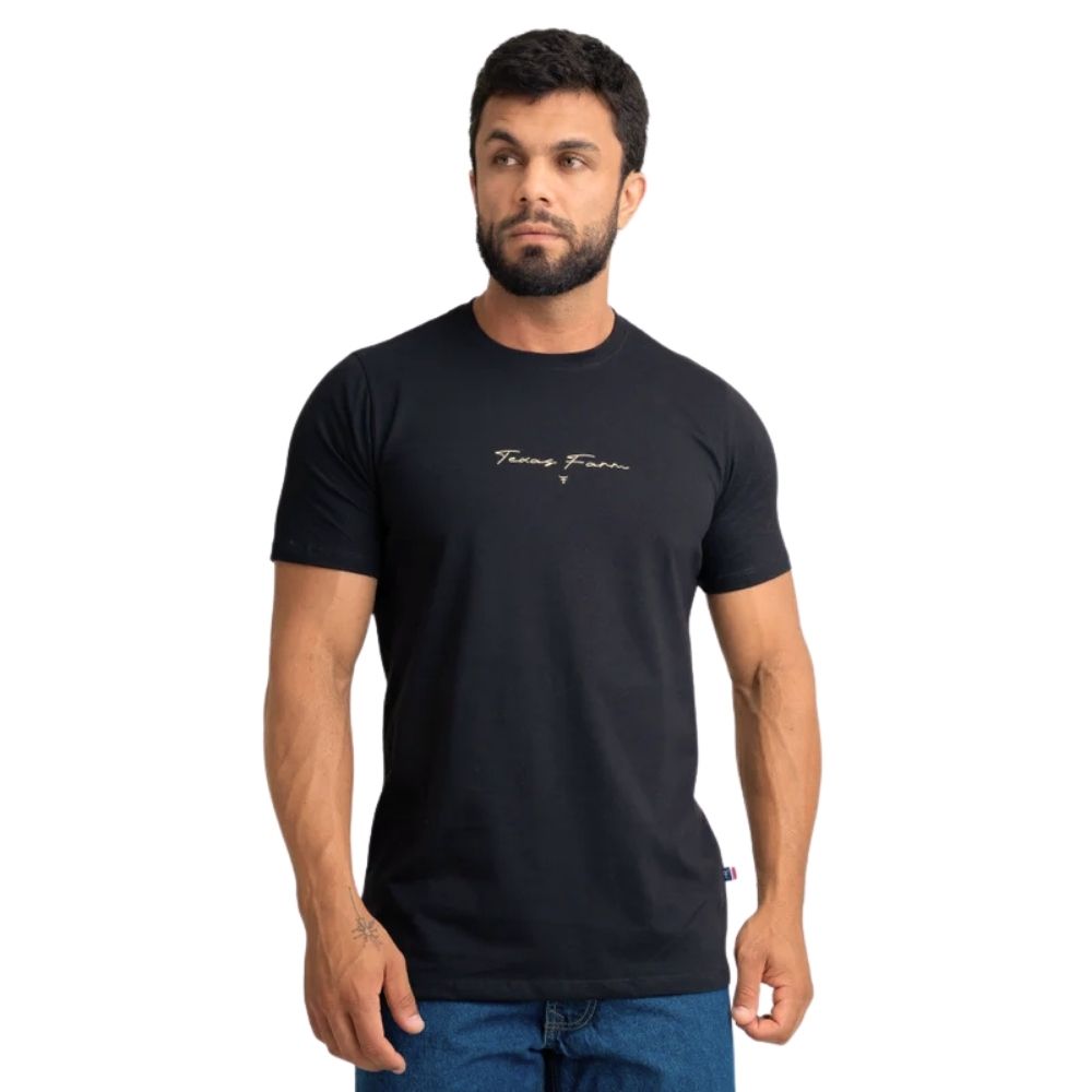 Camiseta Masculina Texas Farm Manga Curta Preto Logo Amarelo Claro Ref:CM630