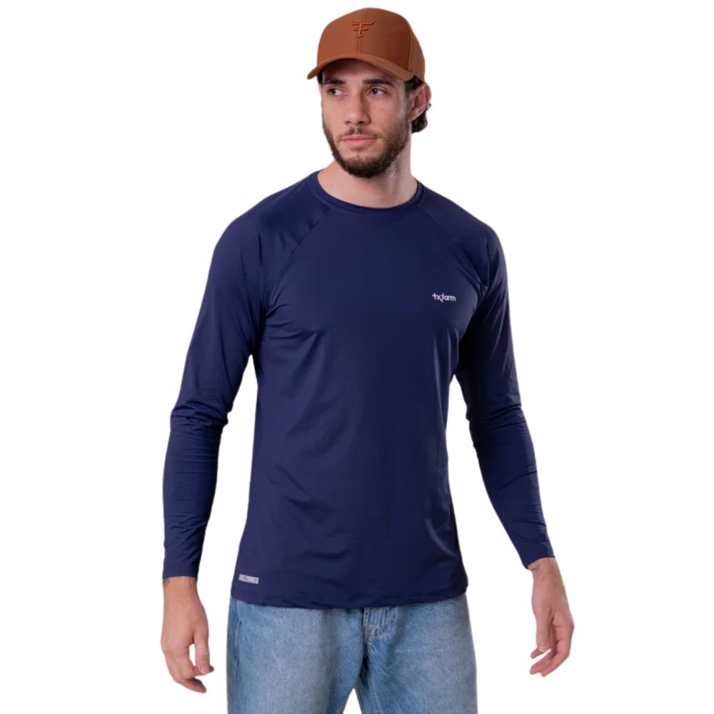 Camiseta Masculina Texas Farm Manga Longa UV50+ Azul Marinho Com Logo Pequeno Branco - REF:UVM010