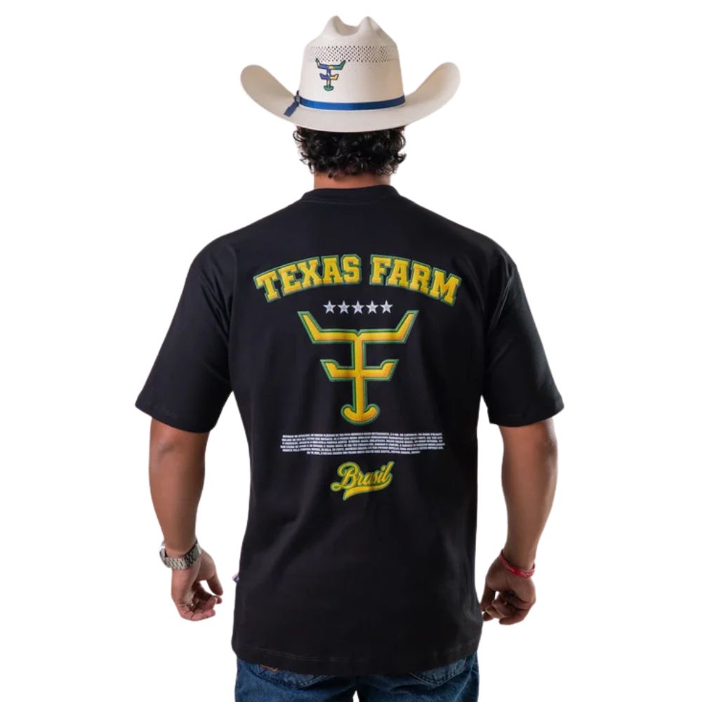 Camiseta Masculina Texas Farm Oversized Preto Estampa Verde E Ouro