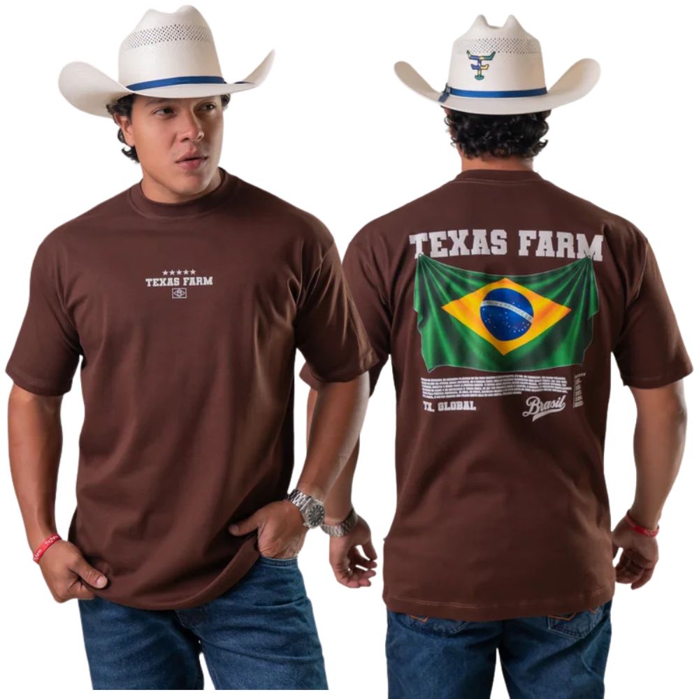 Camiseta Masculina Texas Farm Oversized Terra Nossa Marrom Café Estampa Bandeira Do Brasil Nas Costas Ref:CM0004 COPA 2026