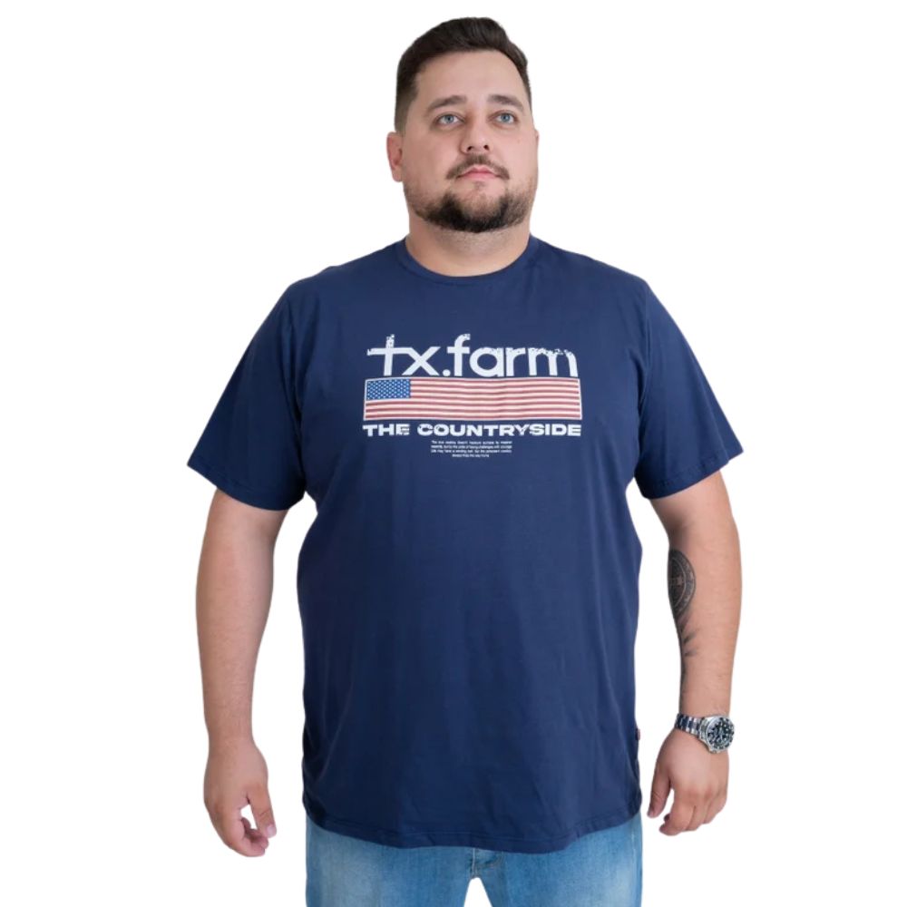 Camiseta Masculina Texas Farm Plus Size Manga Curta Azul Marinho Com Logo Branco E Bandeira EUA Ref: CM573