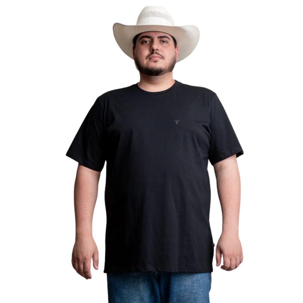 Camiseta Masculina Texas Farm Plus Size Manga Curta Básica Preta Com Logo Pequeno Em Cinza Ref:CM143
