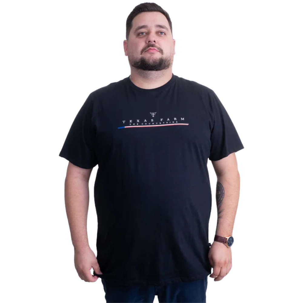 Camiseta Masculina Texas Farm Plus Size Manga Curta Preta Logo Branco Ref:CM307