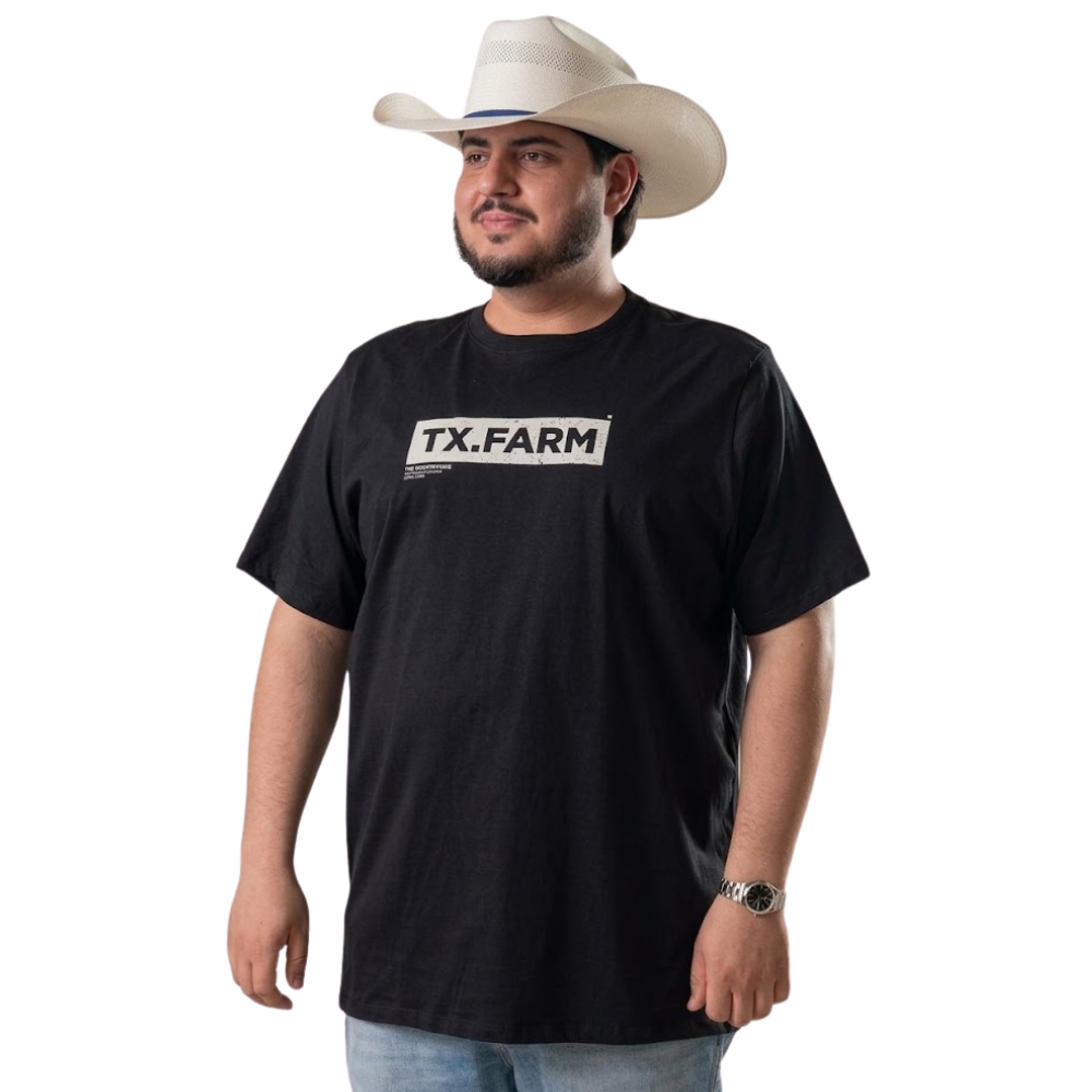 Camiseta Masculina Texas Farm Plus Size Manga Curta Preta Logo Off White Ref:CM684