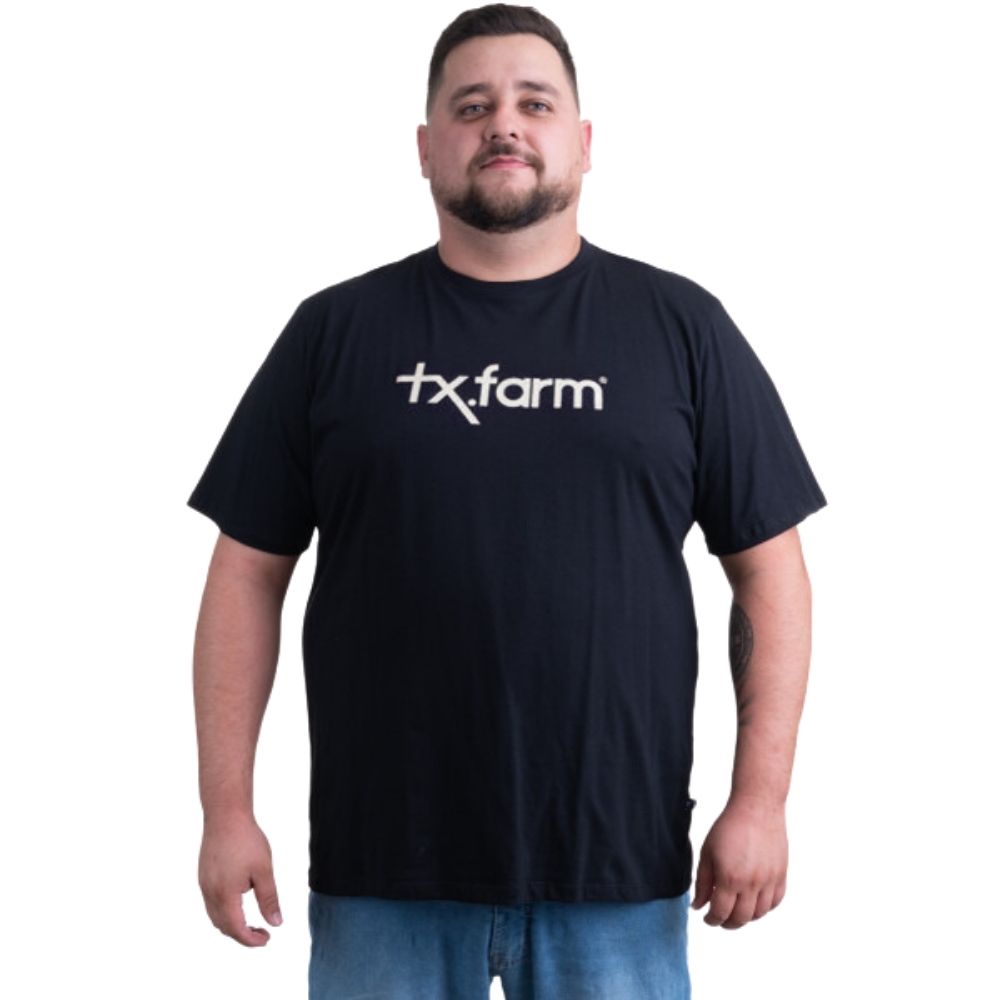 Camiseta Masculina Texas Farm Preta Plus Size Manga Curta Com Logo em Branco Ref.CM258