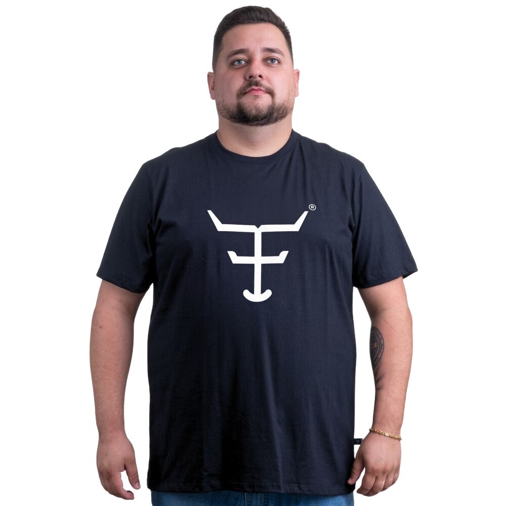 Camiseta Masculina Texas Farm Preta Plus Size Manga Curta Com Logo em Off White Ref.CM259