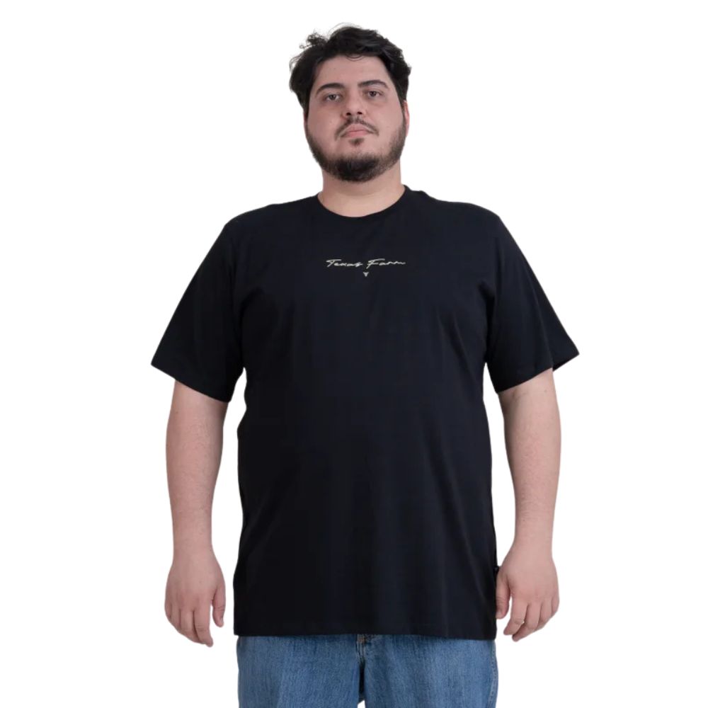 Camiseta Masculina Texas Farm Preta Plus Size Manga Curta Preto Com Logo Escrito Em Branco Ref:CM630