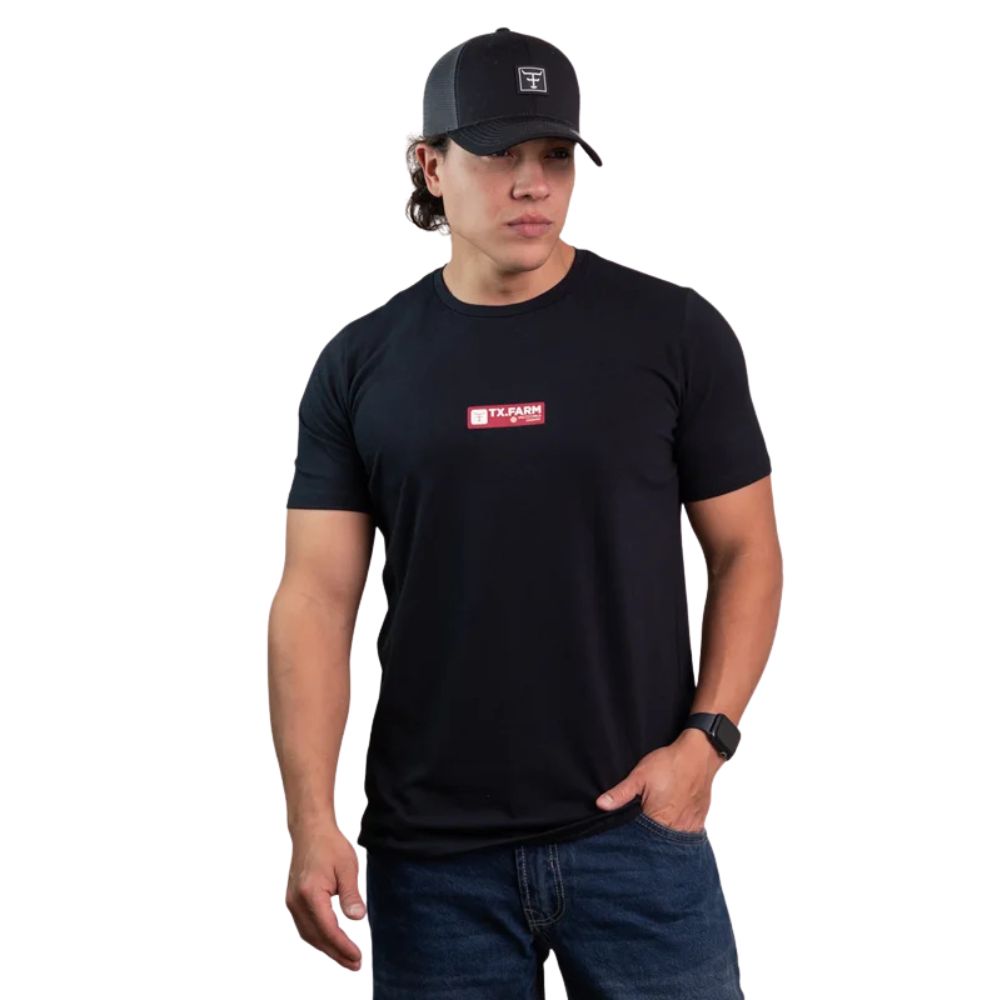 Camiseta Masculina Texas Farm T Ease Manga Curta Preto Com Logo Vermelho E Branco Ref:CME011