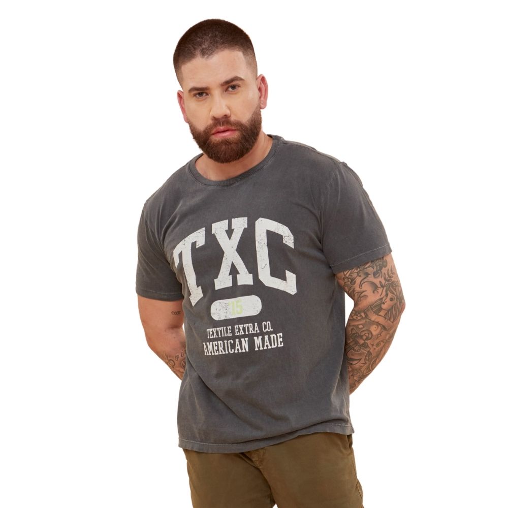 Camiseta Masculina TXC Cinza Manga Curta Extra Regular Com Logo Branca Ref.192095