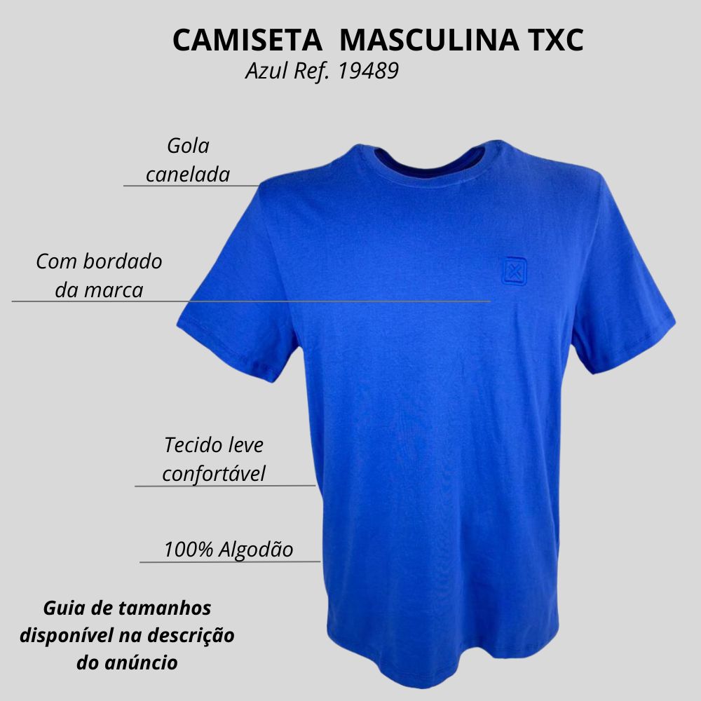 邦楽 446 / 446 Camiseta Masculina TXC Classic Azul Manga Curta Com Logo Bordada