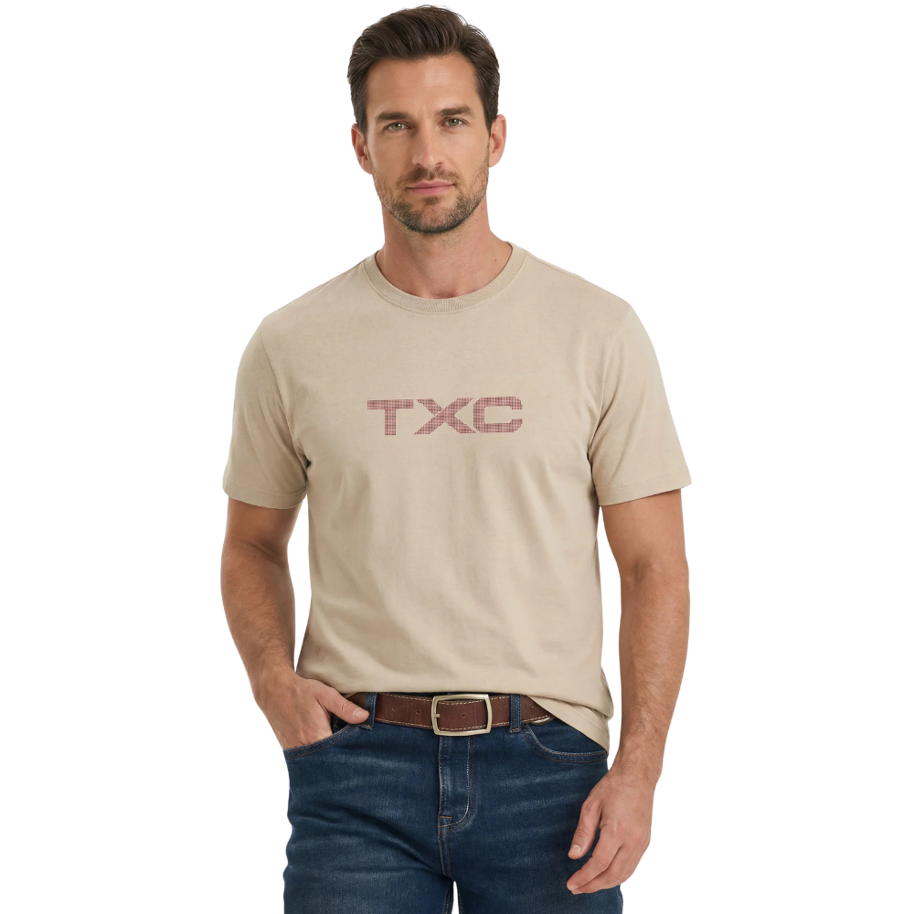 Camiseta Masculina TXC Fio 30 Regular Manga Curta Bege Logo Vermelho Ref:192900