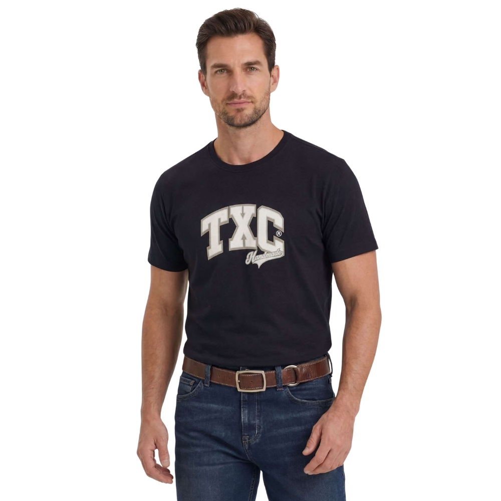 Camiseta Masculina TXC Fio 30 Regular Manga Curta Preta Estampada Logo Bege Ref:193089