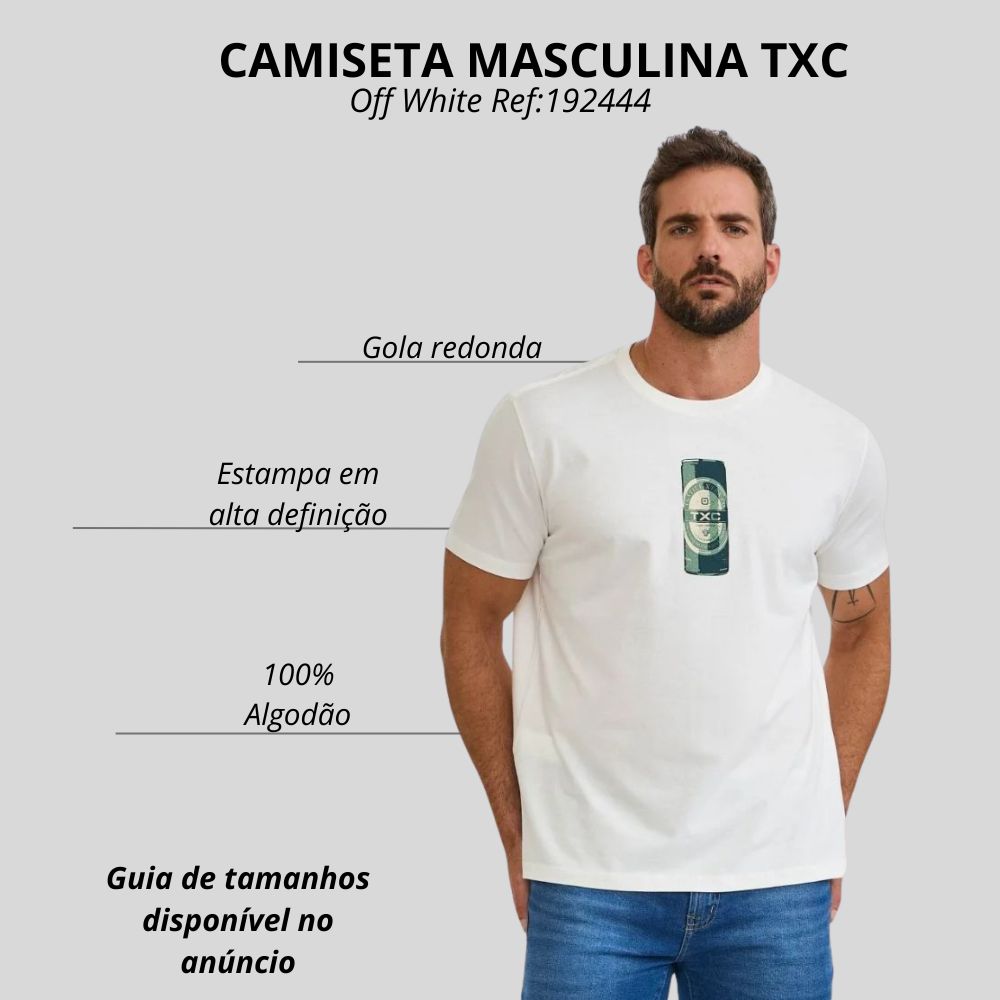 Camiseta Masculina TXC Manga Curta Regular Meia Malha Off White