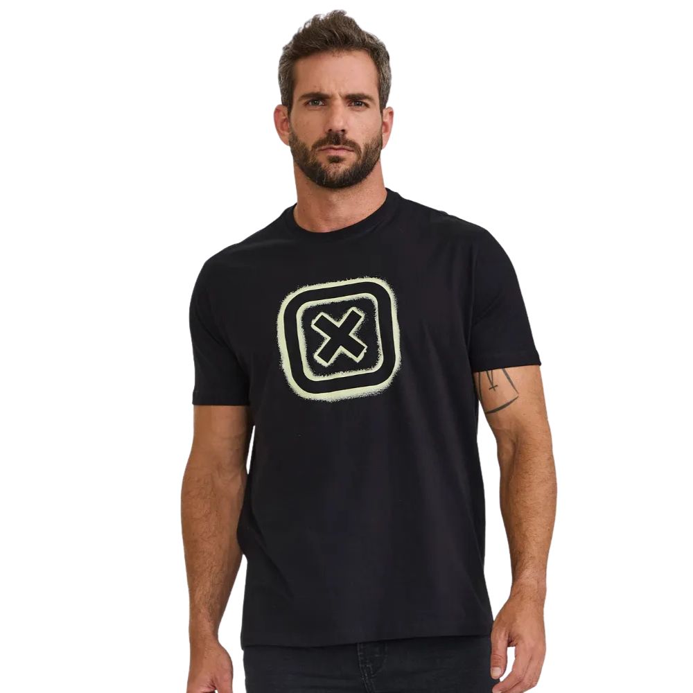 Camiseta Masculina TXC Manga Curta Regular Meia Malha Preto Estampada Logo Amarelo Ref:192411