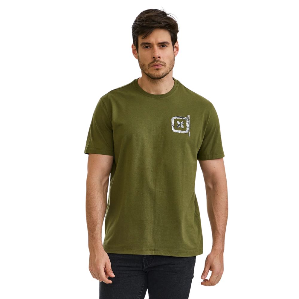 Camiseta Masculina TXC Manga Curta Regular Meia Malha Verde Militar Estampada Logo Branco Manchado Ref:192477