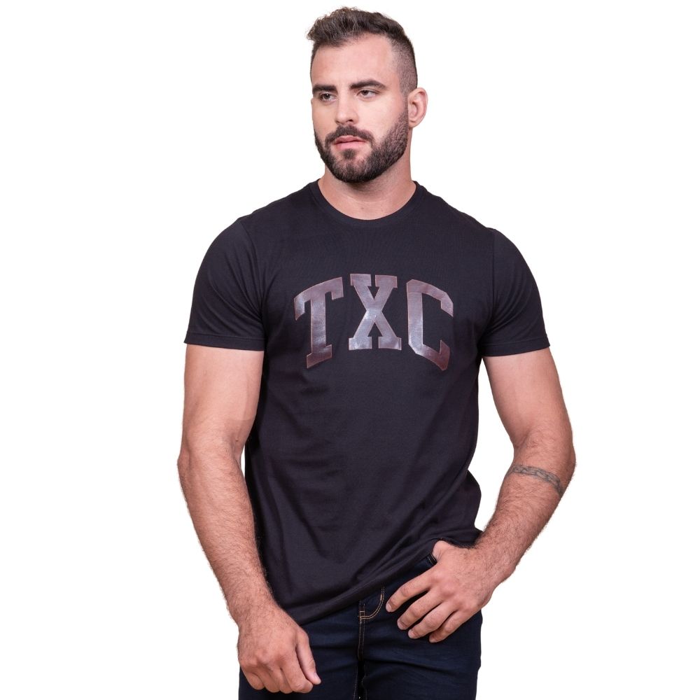 Camiseta Masculina TXC Preta Custom Regular Manga Curta Com Logo Em Couro Ref.192406