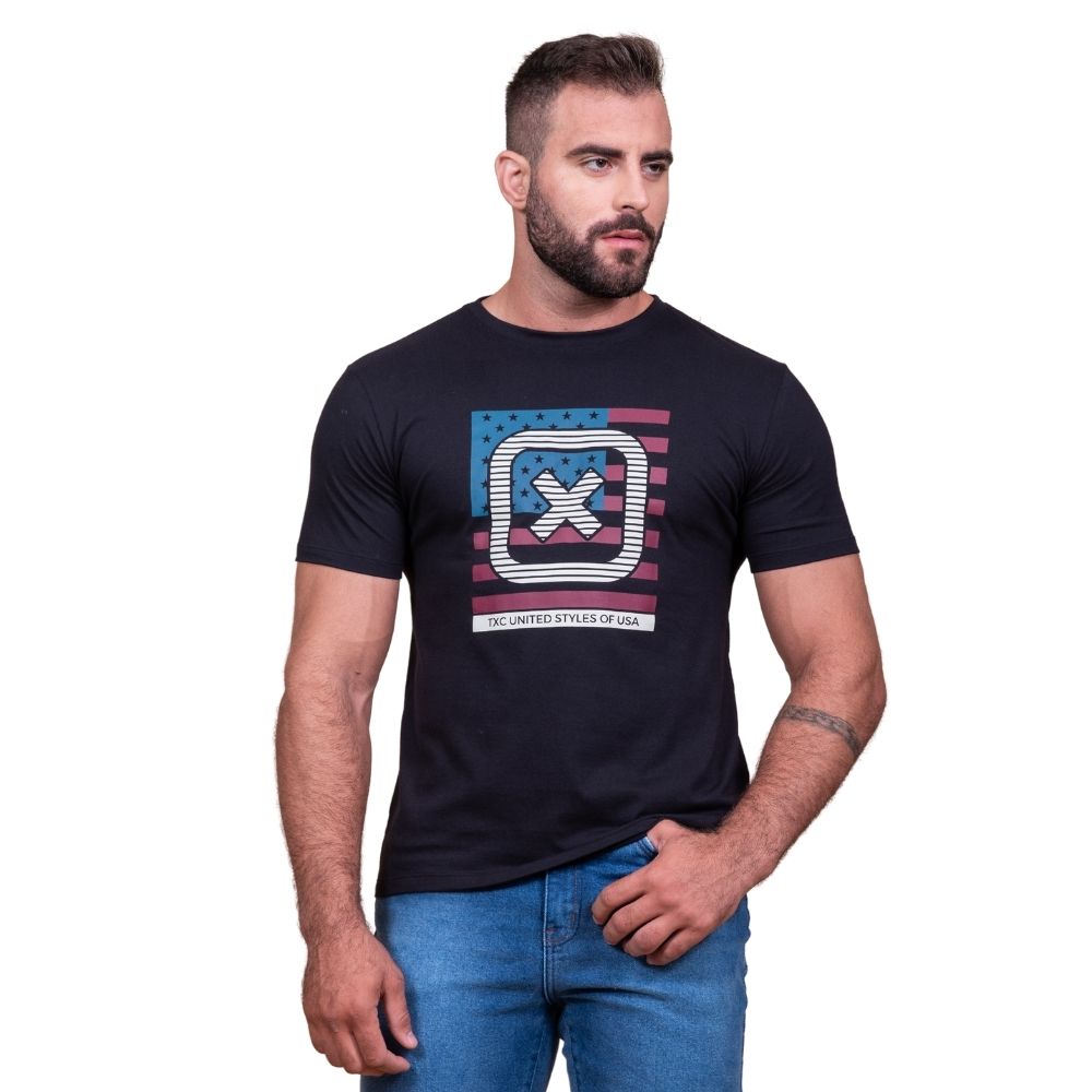 Camiseta Masculina TXC Preta Regular Custom Manga Curta Com Logo Grande Bandeira EUA Ref.192176