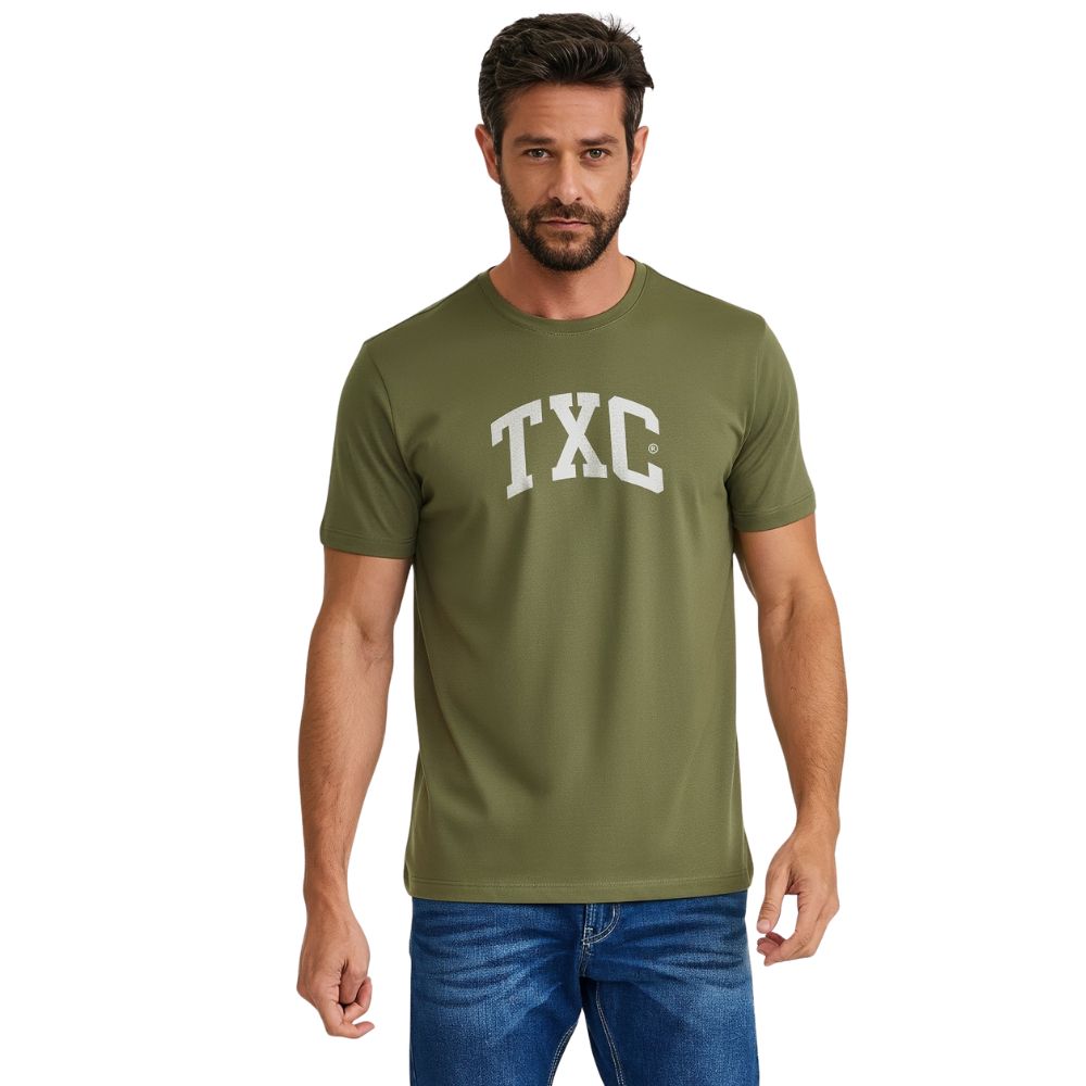 Camiseta Masculina TXC Regular Classic Fio 30 Manga Curta Verde Militar Estampada Logo Branco Ref:19737