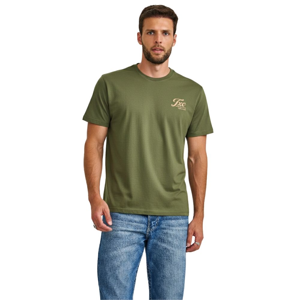 Camiseta Masculina TXC Regular Fio 30 Manga Curta Verde Militar Estampada Logo Laranja Ref:192874
