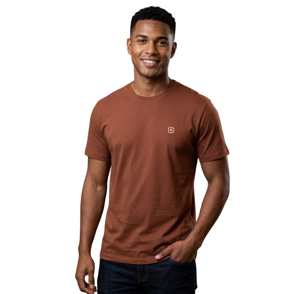 Camiseta Masculina TXC Regular Suedine Manga Curta Marrom Com Logo Estampado Bege Ref: 192990