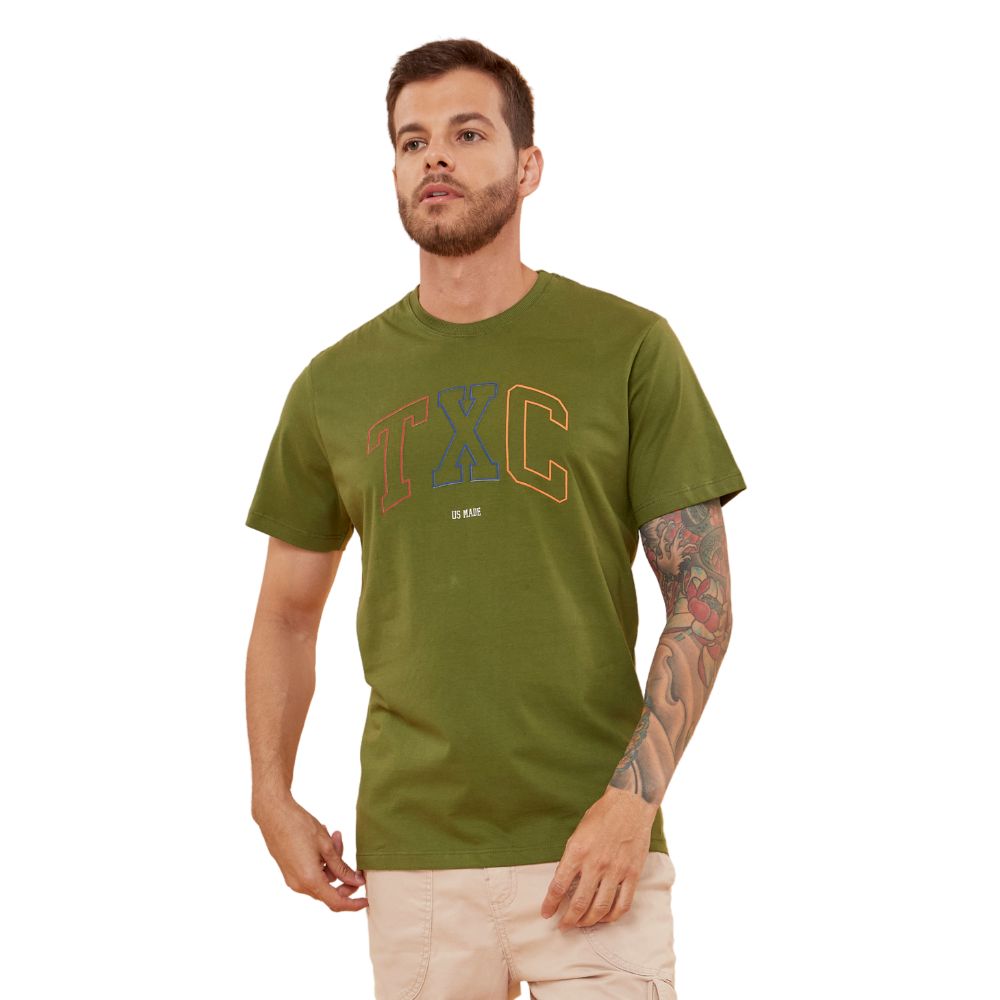 Camiseta Masculina TXC Verde Militar Manga Curta Regular Com Logo Ref: 192120