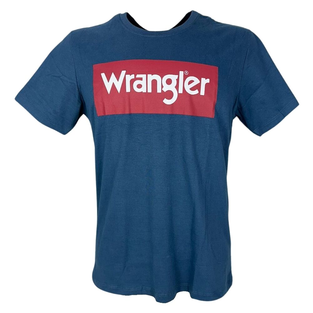 Camiseta Masculina Wrangler Básica Manga Curta Azul Jeans Com Logo Branco e Vermelho  Ref.WM5502AJ