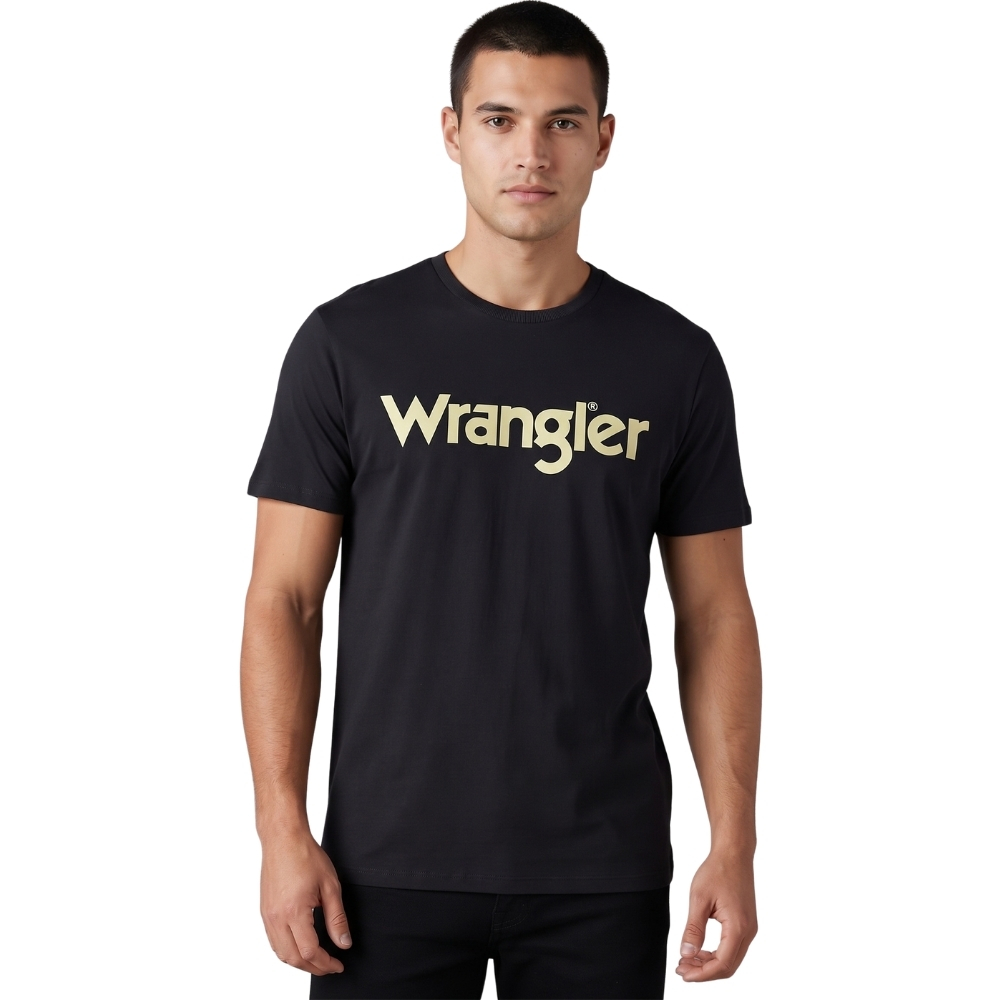 Camiseta Masculina Wrangler Básica Preta Logo Creme REF:WM5517PR