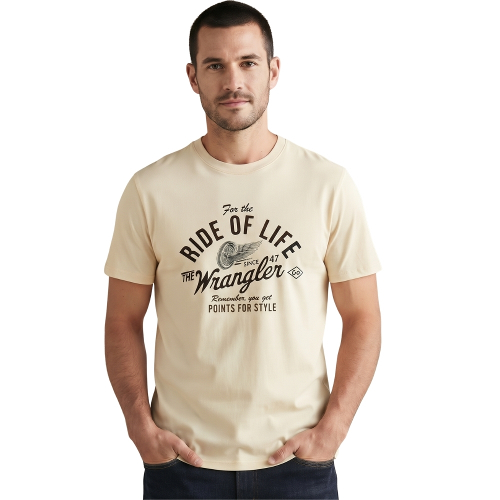Camiseta Masculina Wrangler Bege Estampa Marrom Escuro C/ Elastano REF:WM5858BE