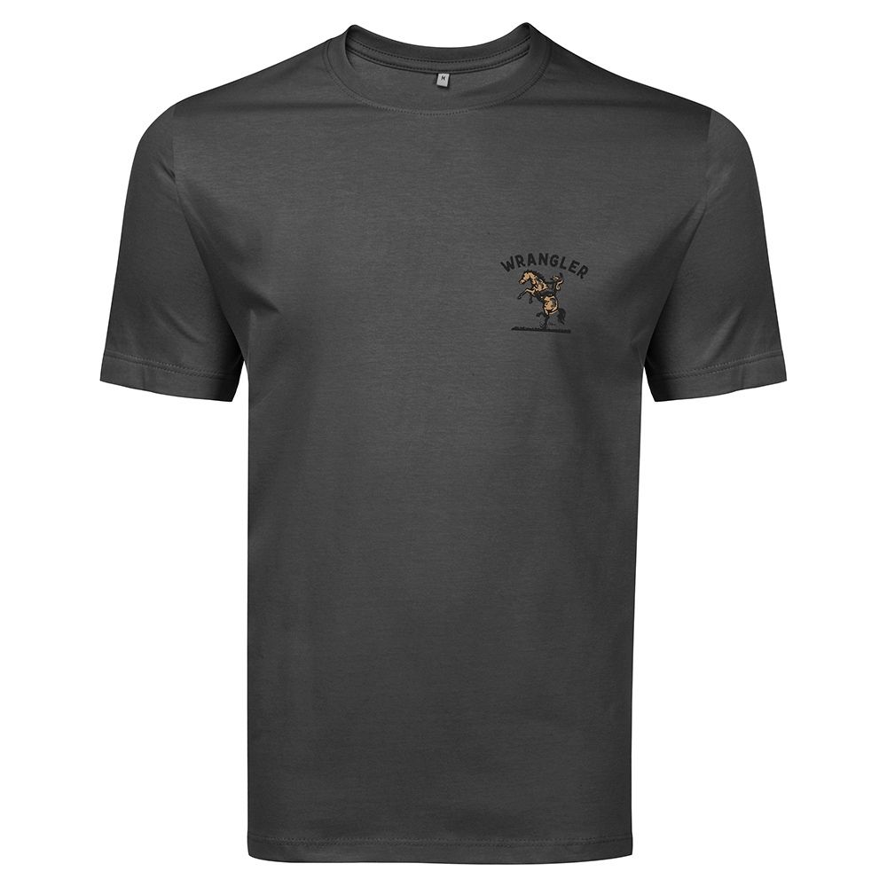 Camiseta Masculina Wrangler Manga Curta Urbano Chumbo Estampada Frente E Costas Cowboy No Cavalo Ref: WM5731CB