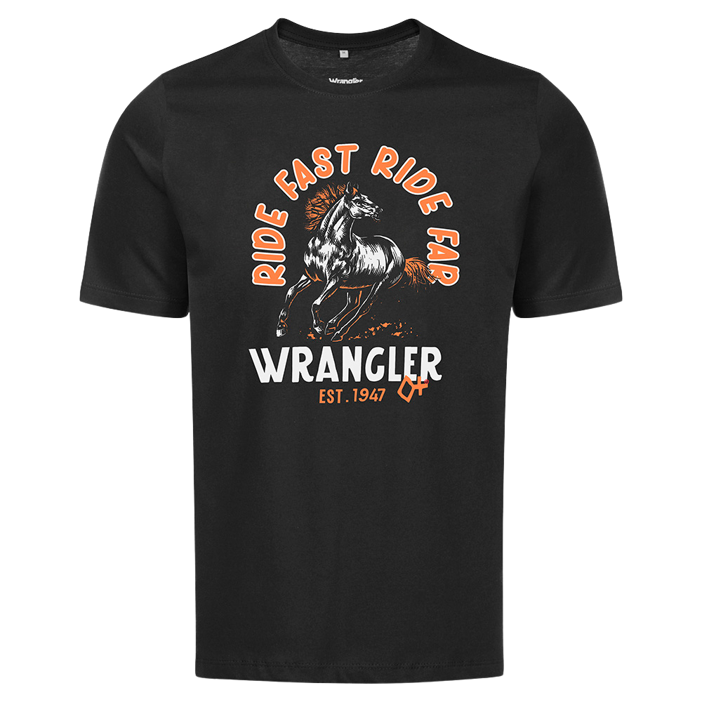 Camiseta Masculina Wrangler Preta Cowboy Style Com Desenho De Cavalo REF: WM5801PR