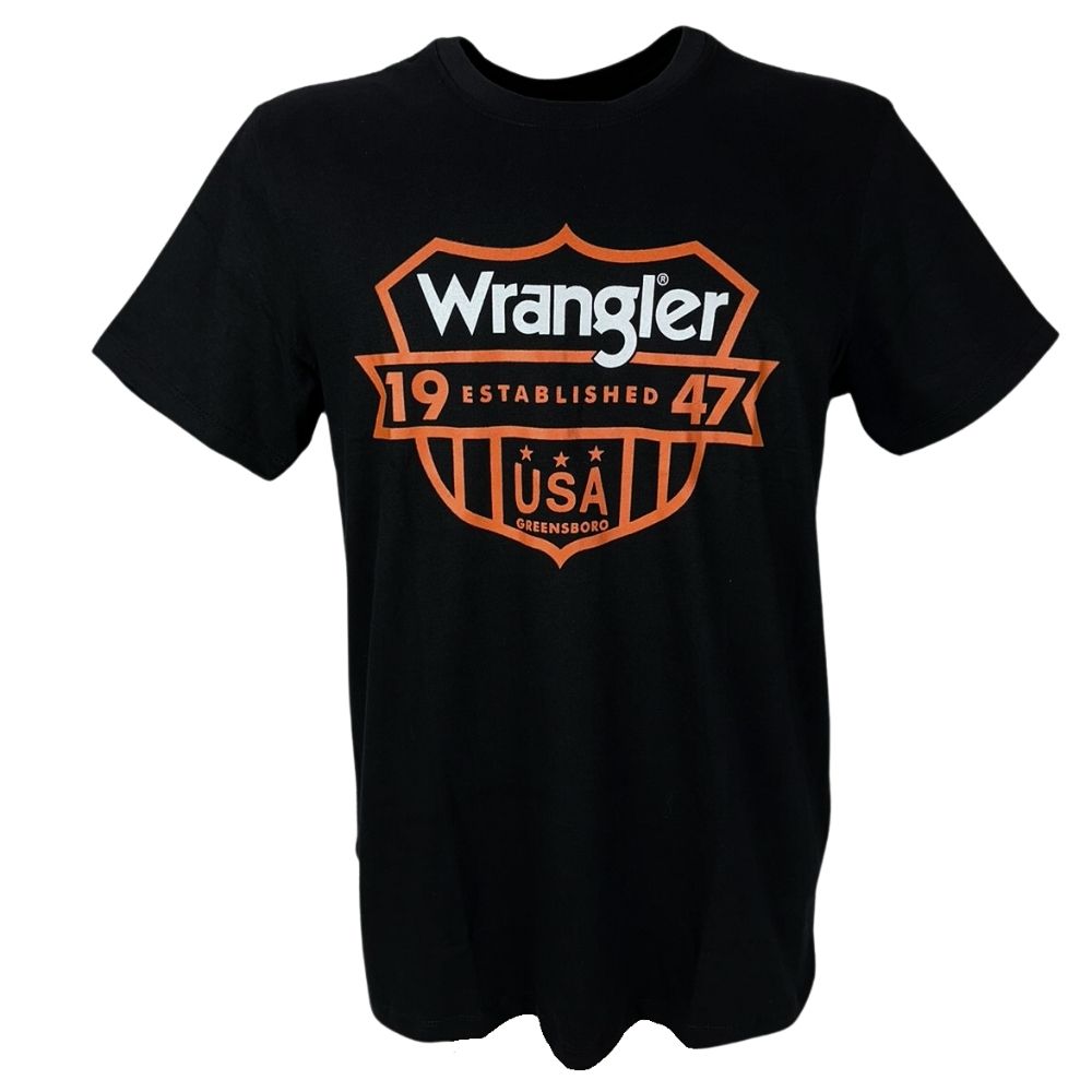 Camiseta Masculina Wrangler Urbano Manga Curta Preto Estampada em Laranja e Branco U.S.A Ref.WM5684PR