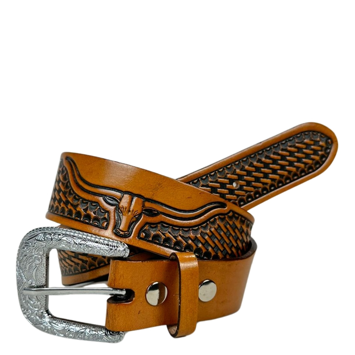 Cinto Masculino Master Western Couro Caramelo Entalhado Balaio E Longhorn REF: 16113