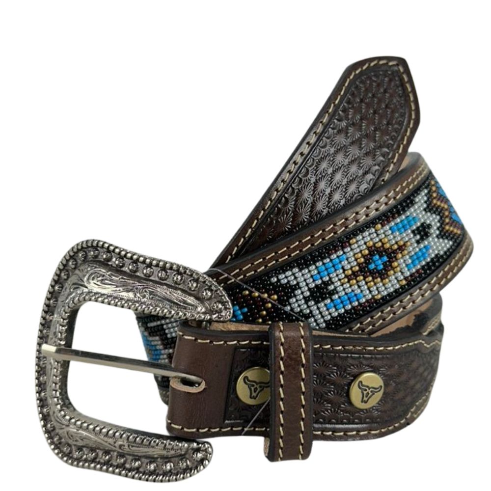 Cinto Masculino Paul Western Couro Marrom Duas Costuras E Bordado Miçanga Branco/Azul E Marrom Com Ponteira Ref: 3512