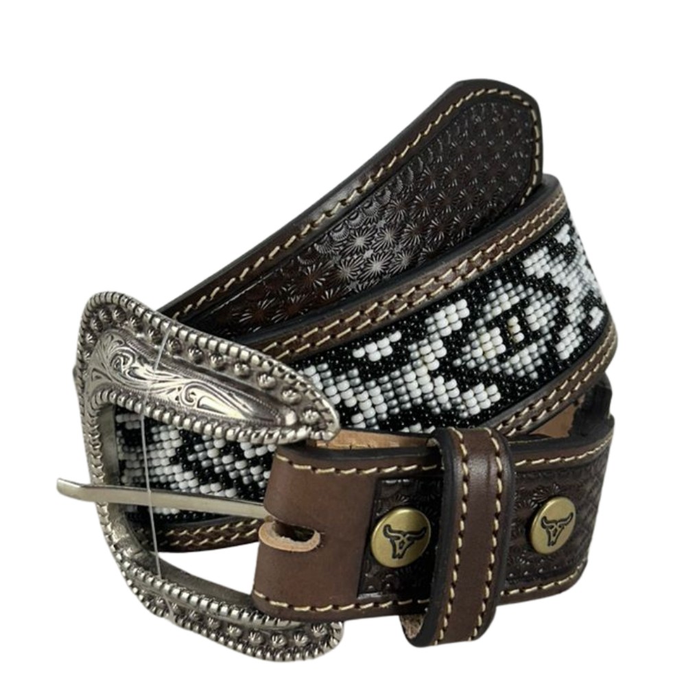 Cinto Masculino Paul Western Couro Marrom Duas Costuras Bordado Miçanga Branco E Preto Com Ponteira Ref351