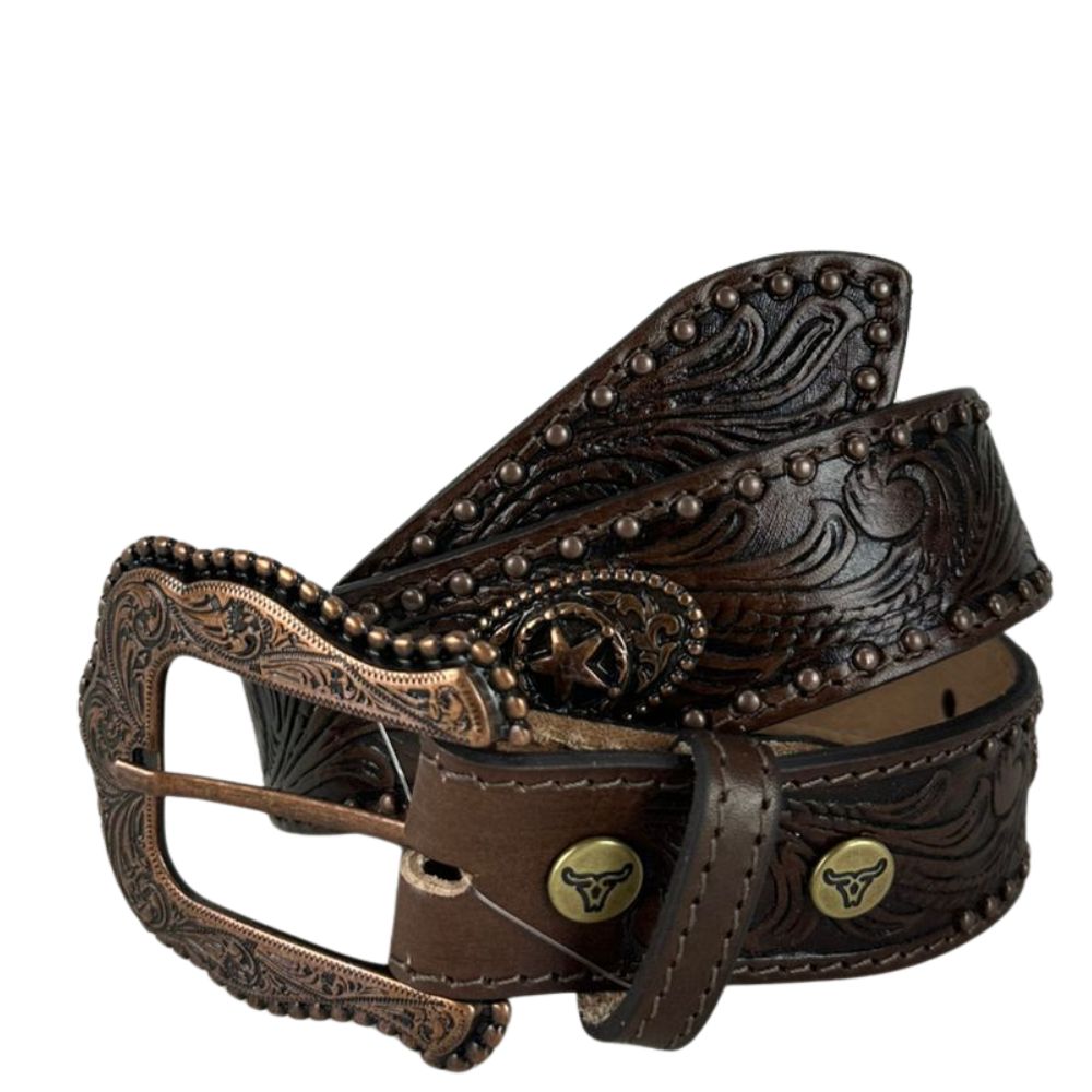 Cinto Masculino Paul Western Couro Marrom Com Tachinha e Medalhas Douradas e Fivela Entalhado Ramo Ref:353