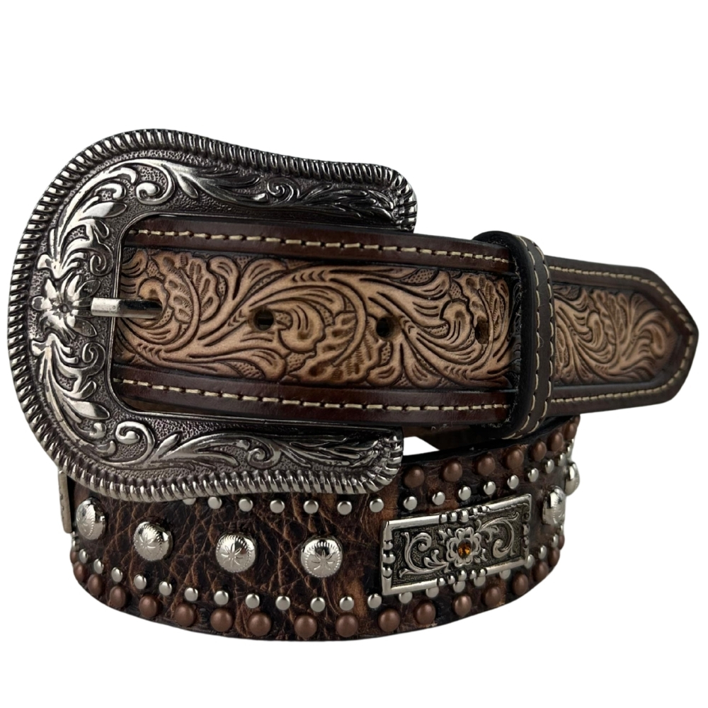 Cinto Masculino Paul Western Couro Marrom Mesclado Bege Tachinhas E Botons Ponteira Entalhada Ramo Ref:502-1
