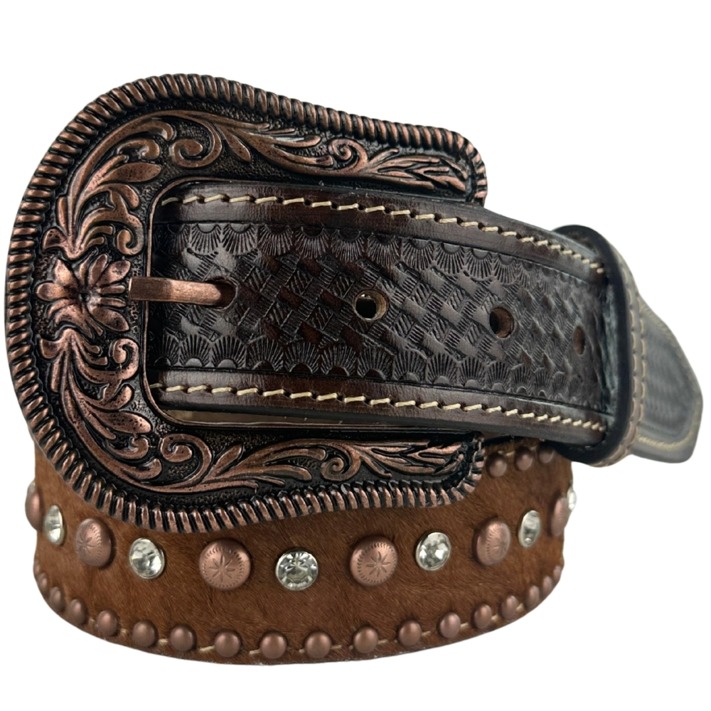 Cinto Masculino Paul Western Couro Marrom Pelo Ponteira Entalhado Tachinhas Bronze E Strass Ref:500